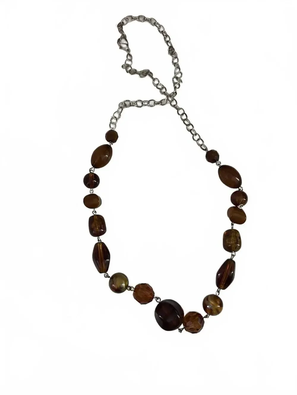 Brown Beaded Necklace with Silver Chain
